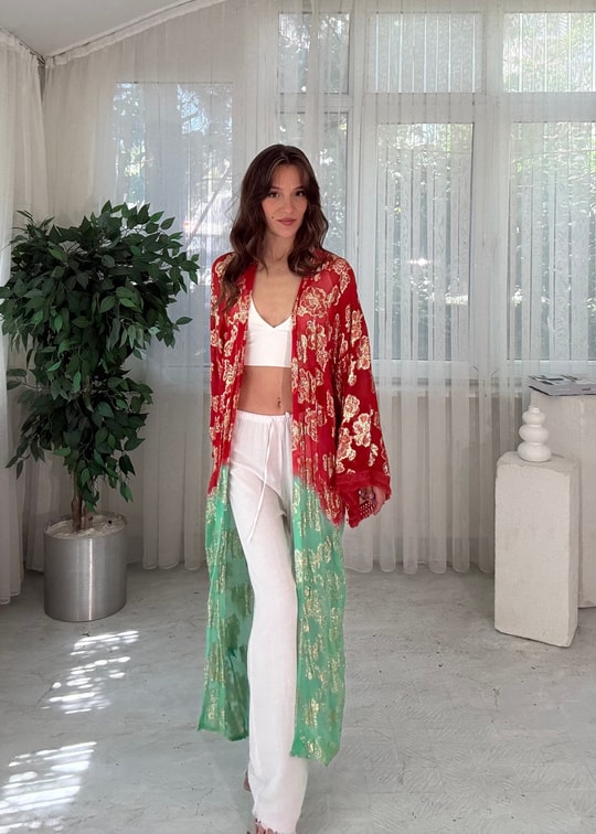 Golden Bloom Kırmızı Yeşil ı Altın Desenli Bohem Kimono