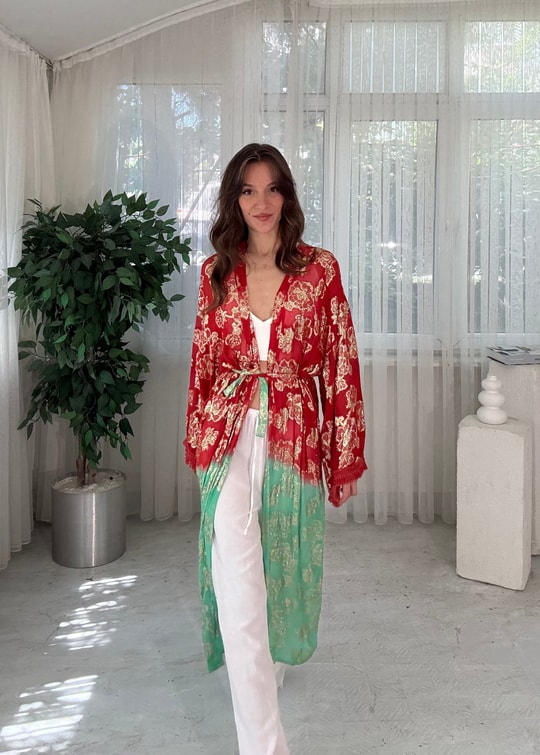 Golden Bloom Kırmızı Yeşil ı Altın Desenli Bohem Kimono