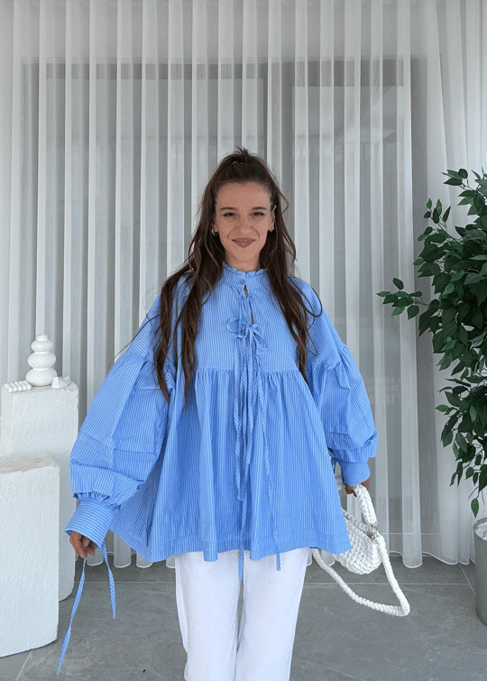 Harmony Mavi Çizgili İpli Poplin Gömlek 