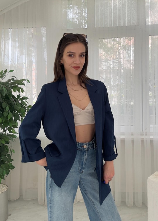 Helen Lacivert Premium Kol Katlamaklı Poliviskon Blazer