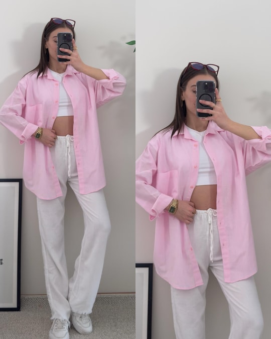 İris Pembe Oversize Tek Cep Keten Gömlek 