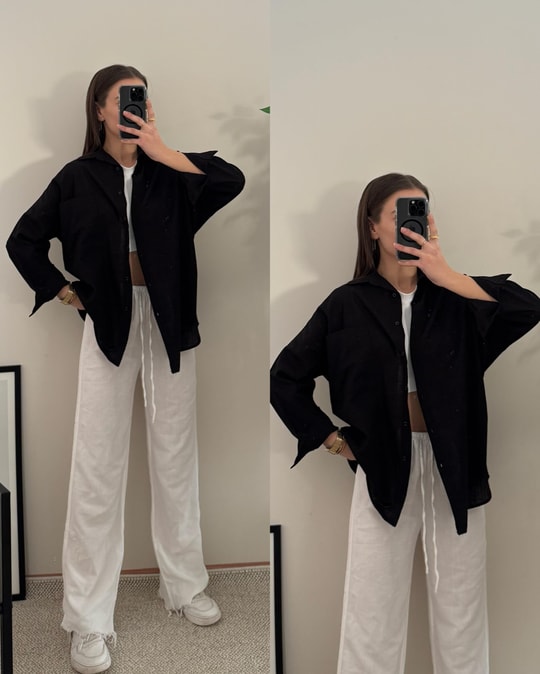 İris Siyah Oversize Tek Cep Keten Gömlek 