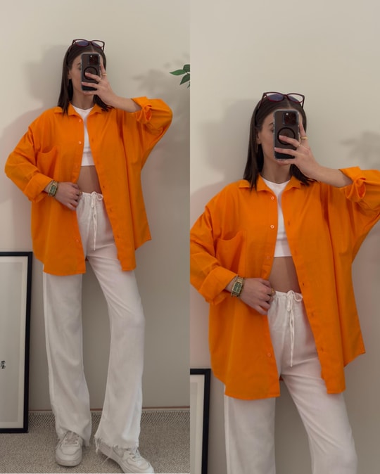 İris Turuncu Oversize Tek Cep Keten Gömlek 