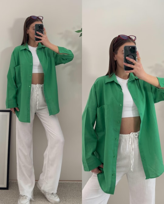 İris Yeşil Oversize Tek Cep Keten Gömlek 