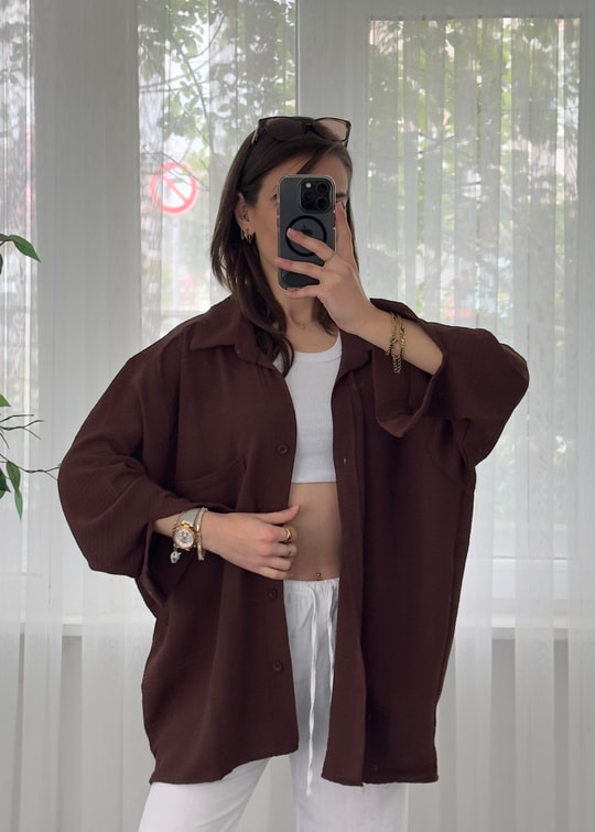 Kahverengi  İthal Ayrobin Tek Cepli Oversize Gömlek
