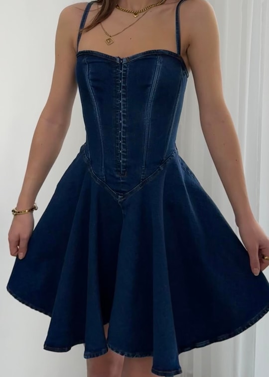 Korse Detaylı Denim Elbise