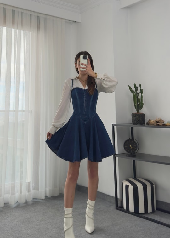 Korse Detaylı Denim Elbise