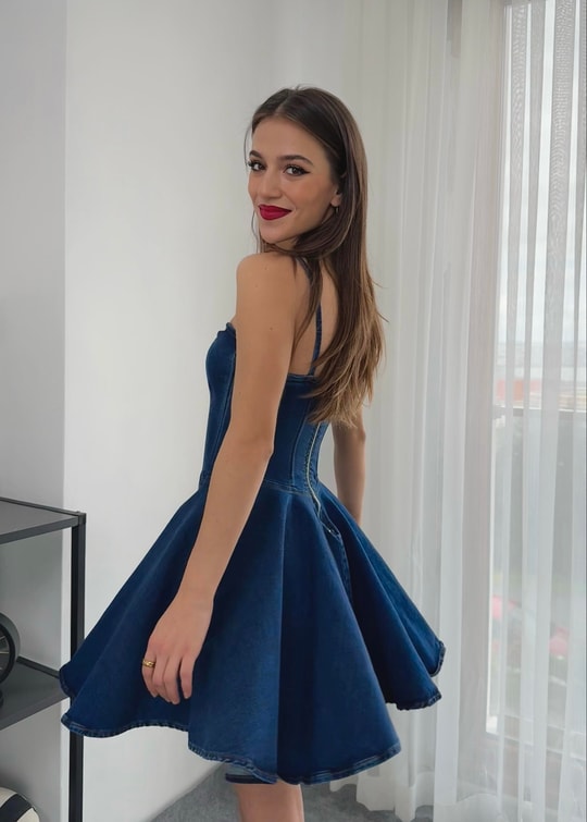 Korse Detaylı Denim Elbise