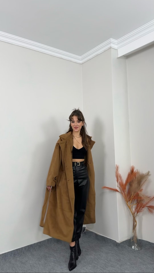 Kuşaklı Camel Renk Kaşmir Kaban