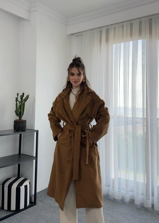 Kuşaklı Camel Renk Kaşmir Kaban