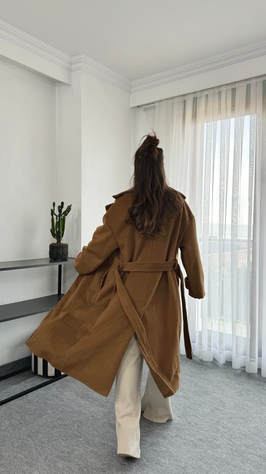 Kuşaklı Camel Renk Kaşmir Kaban