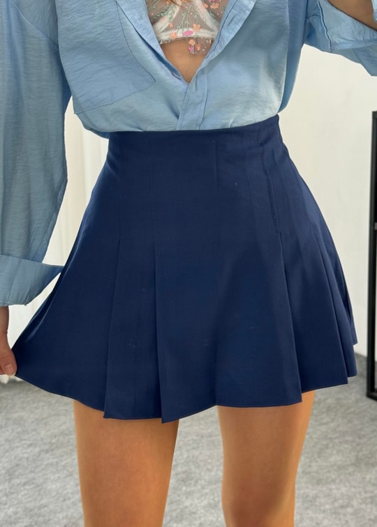 Lacivert Mini Pileli Şortlu Etek