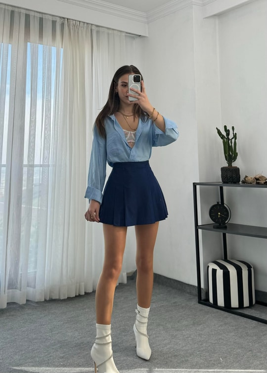 Lacivert Mini Pileli Şortlu Etek