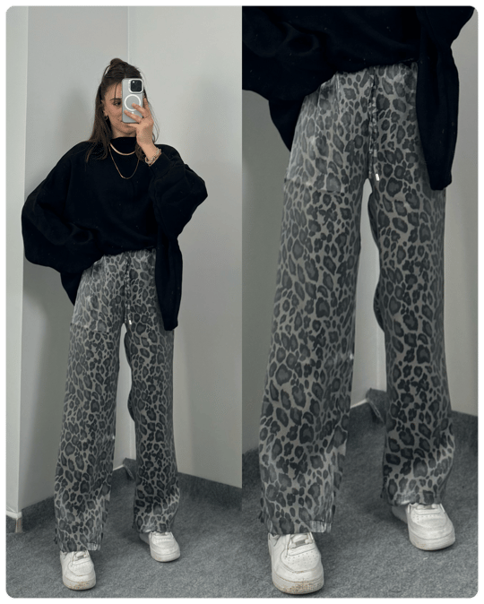 LEOPAR DESENLİ PARLAK KUMAŞ PANTOLON 