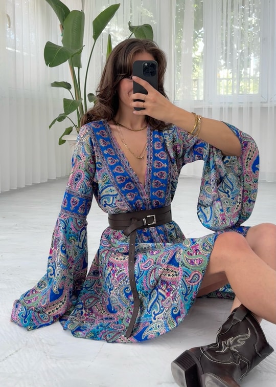 Liana Lacivert Mini Sırt Dekolteli Etnik İpek Elbise