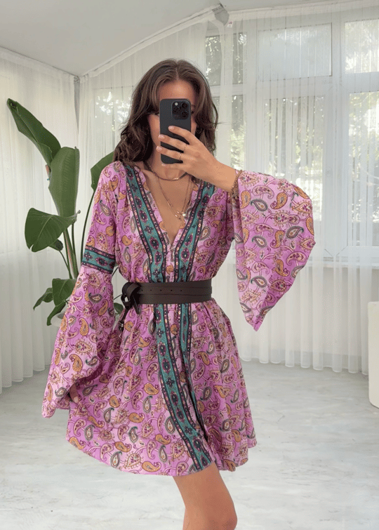 Liana Lila Mini Sırt Dekolteli Mini Etnik İpek Elbise 