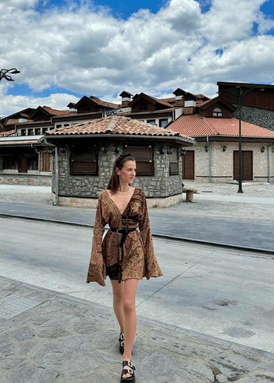 Liana Sırt Dekolteli Etnik Desenli Mini İpek Elbise 