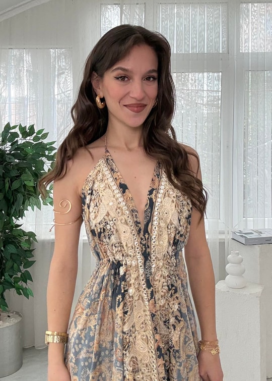 Liera Nude  İpek Sırt Dekolteli Nakışlı Elbise
