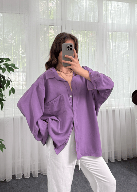 Lila İthal Ayrobin Oversize Kalıp Tek Cep Gömlek
