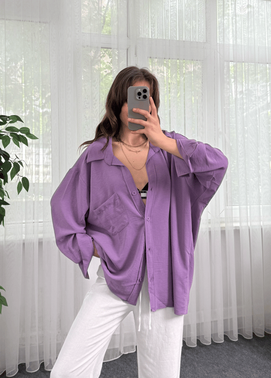 Lila İthal Ayrobin Oversize Kalıp Tek Cep Gömlek
