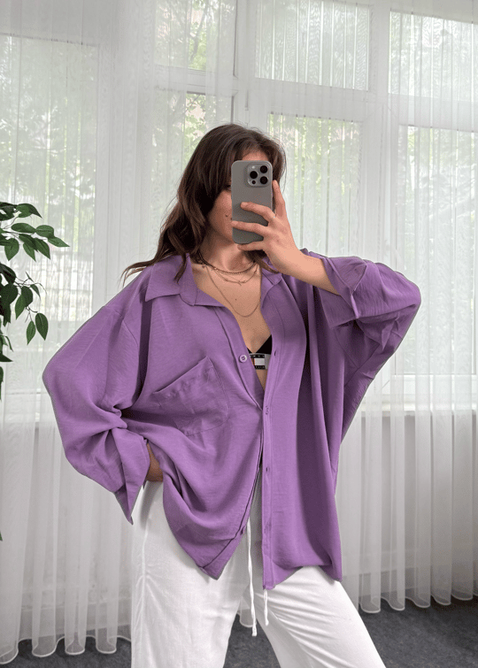Lila İthal Ayrobin Oversize Kalıp Tek Cep Gömlek