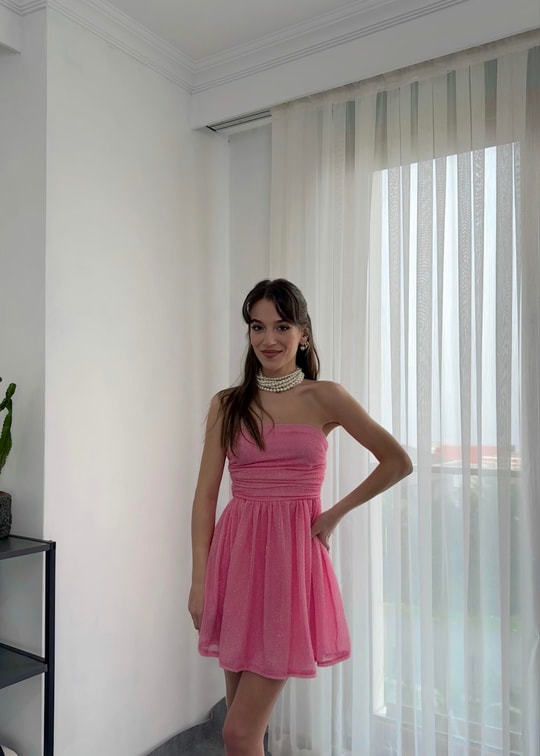 Liona Mini Fiyonklu Pembe Elbise 