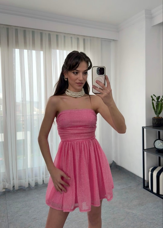 Liona Mini Fiyonklu Pembe Elbise 