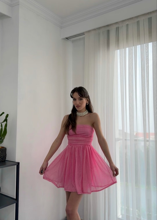 Liona Mini Fiyonklu Pembe Elbise 