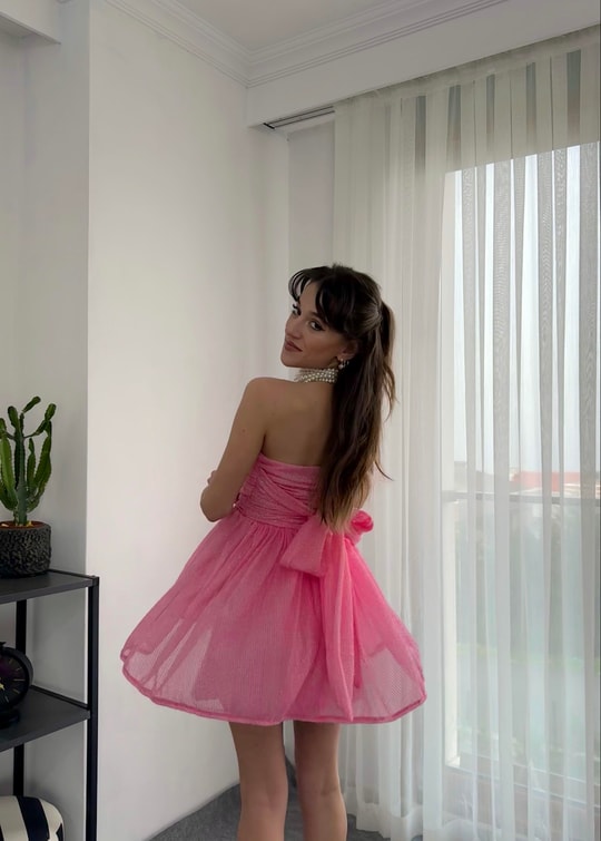 Liona Mini Fiyonklu Pembe Elbise 