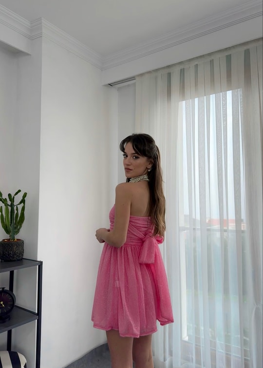 Liona Mini Fiyonklu Pembe Elbise 