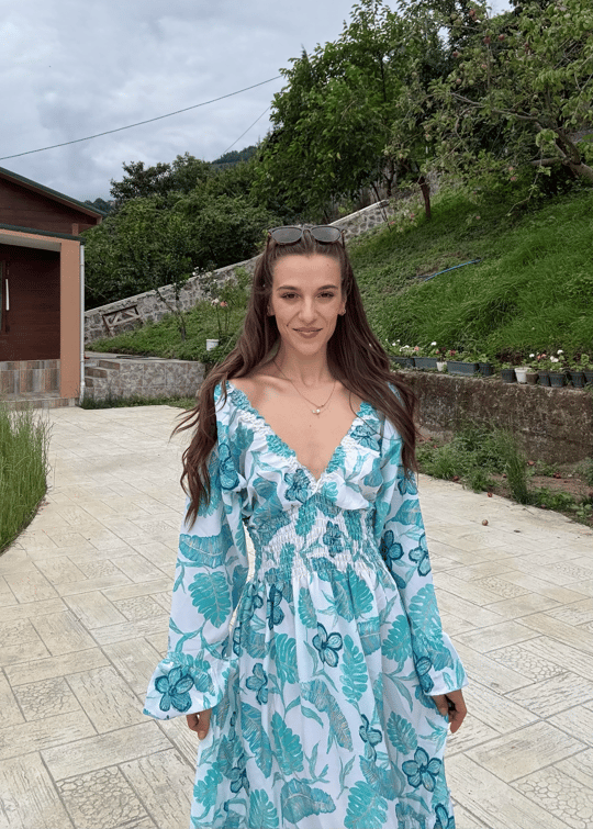 Looser Su Yeşili Etnik Desen Gipe Detaylı İpek Elbise