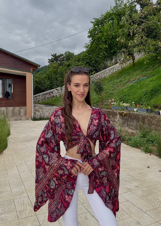 Lumiera İthaal Etnik Desenn kelebek Kol Mürdüm Bolero