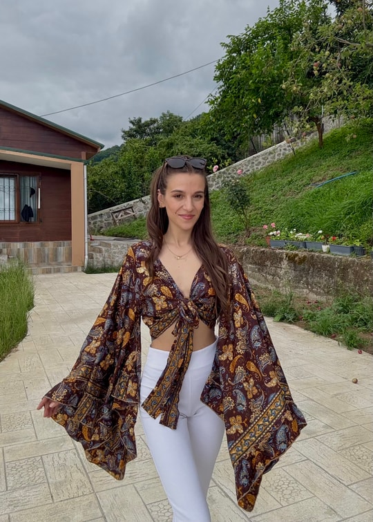 Lumiera İthaal Etnik Desenn kelebek Kol Kahverengi Bolero
