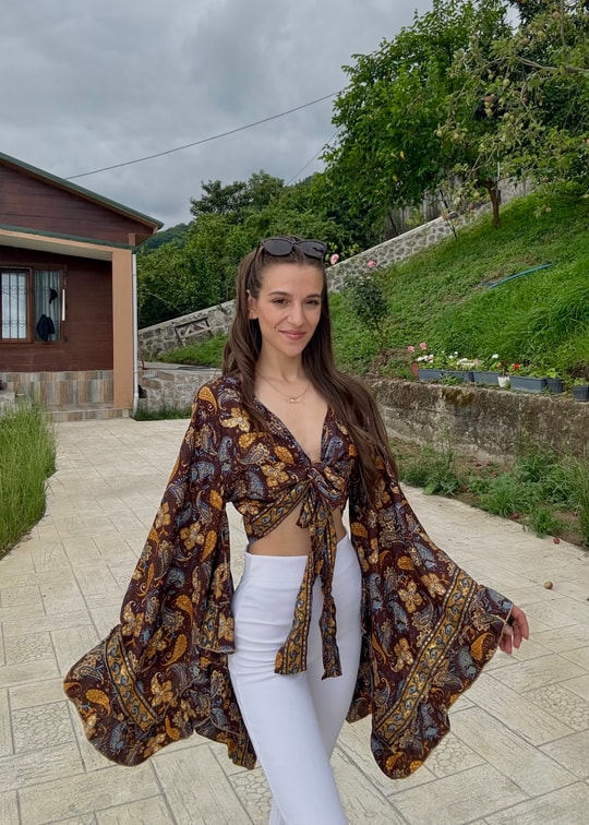 Lumiera İthaal Etnik Desenn kelebek Kol Kahverengi Bolero