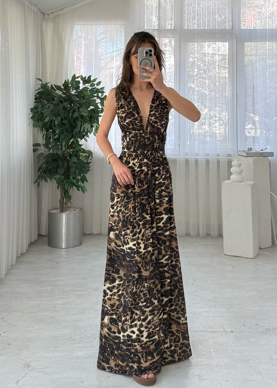 Luneth Etnik Deseen Leopar Bağlama DetaylI İpek Elbise 