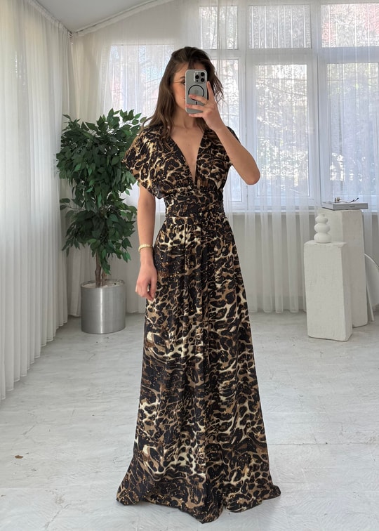 Luneth Etnik Deseen Leopar Bağlama DetaylI İpek Elbise 