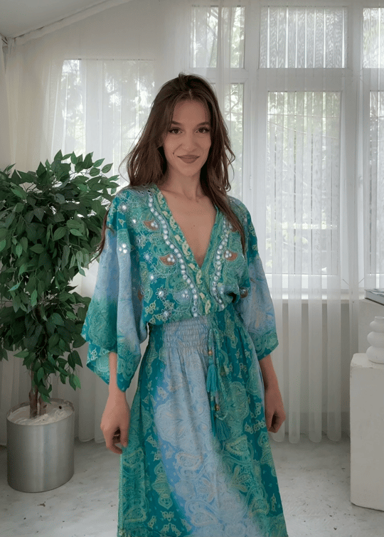 Maria İthal Etnik Desen Yosun Yeşili Elbise 