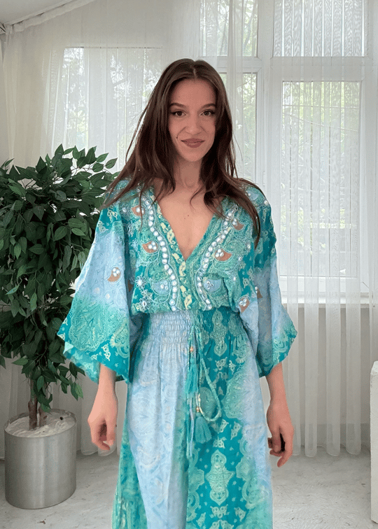Maria İthal Etnik Desen Yosun Yeşili Elbise 