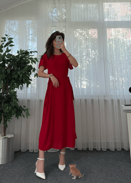 Marsala Kırmızı Ayrobin Bağlama Detaylı  Midi Elbise