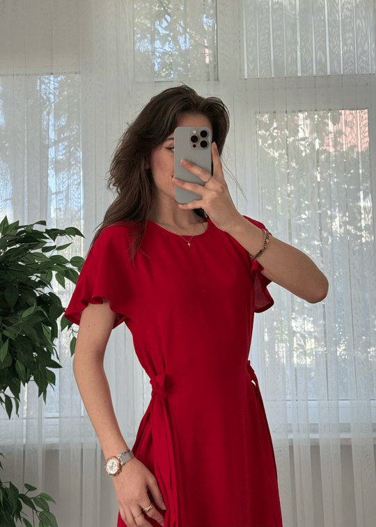 Marsala Kırmızı Ayrobin Bağlama Detaylı  Midi Elbise