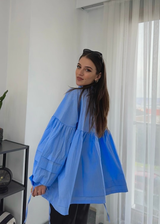 Mavi Çizgili İpli Poplin Gömlek 