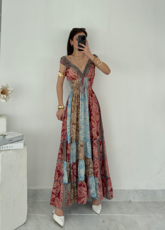 Mexica Gipe Detaylı Etnik Desen İpek Elbise 