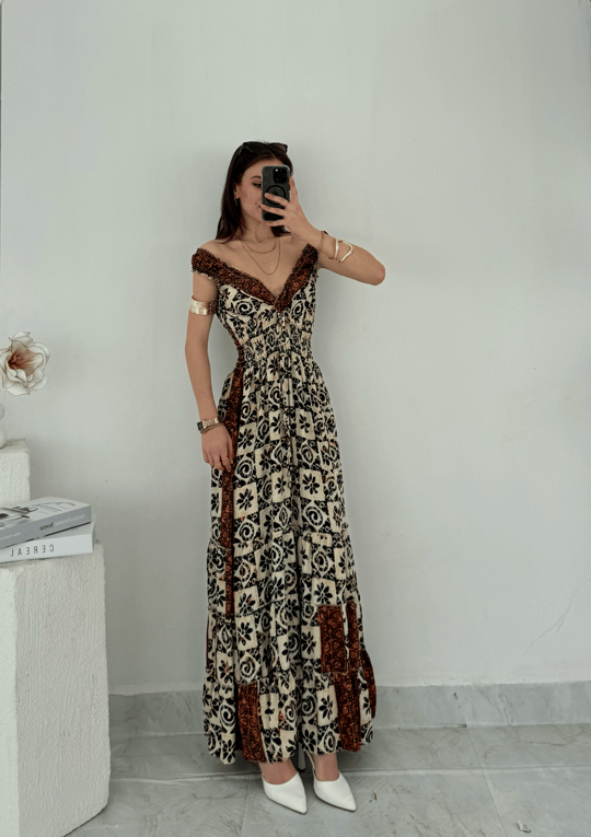 Mexica Gipe Detaylı Etnik Desen İpek Elbise 