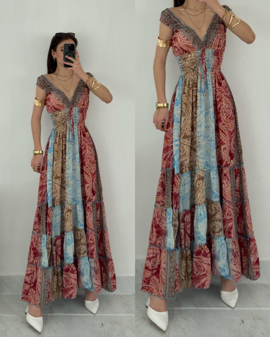 Mexica Gipe Detaylı Etnik Desen İpek Elbise 