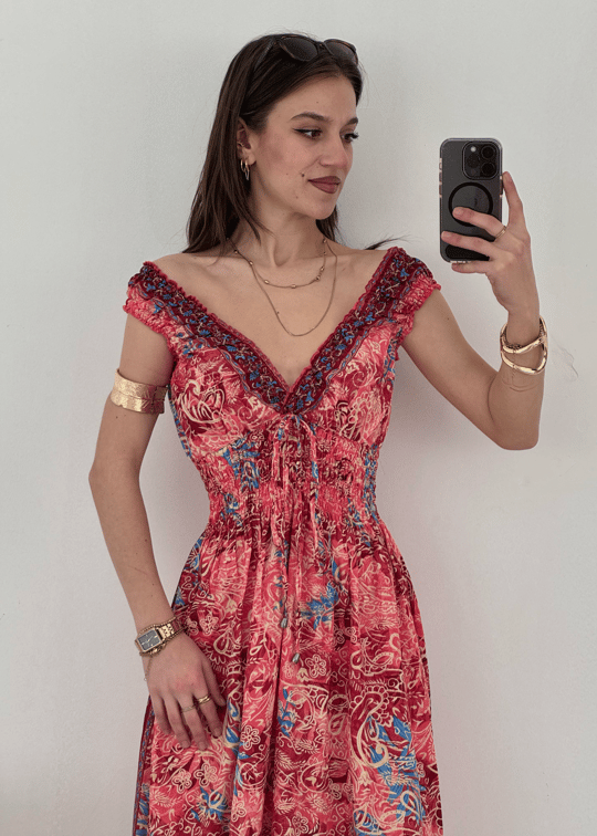 Mexica Gipe Detaylı Etnik Desen İpek Elbise 