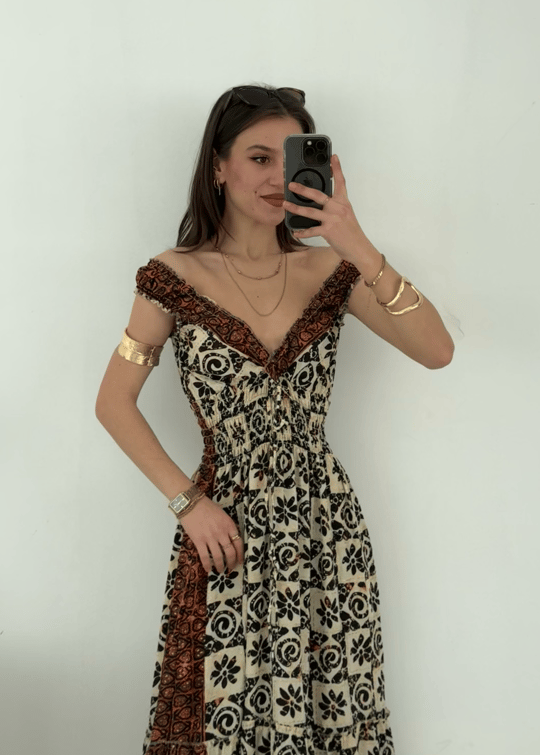 Mexica Gipe Detaylı Etnik Desen İpek Elbise 