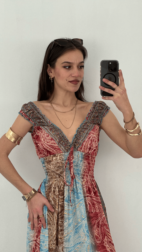 Mexica Gipe Detaylı Etnik Desen İpek Elbise 