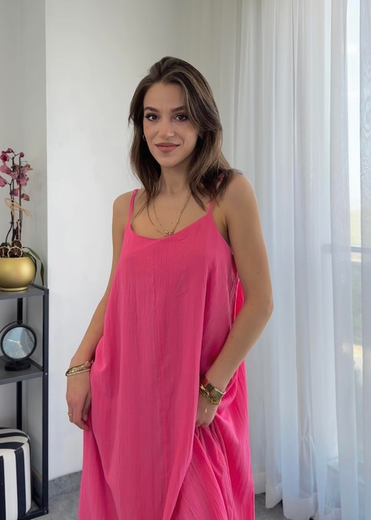 Midi Ayarlanabilir Askılı Pembe Çan Elbise