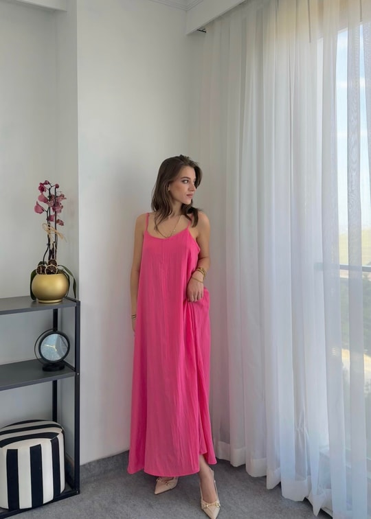 Midi Ayarlanabilir Askılı Pembe Çan Elbise
