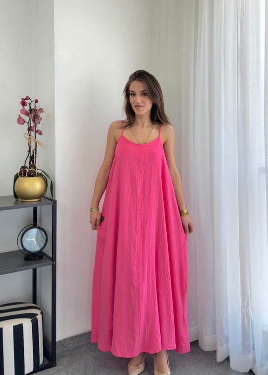 Midi Ayarlanabilir Askılı Pembe Çan Elbise